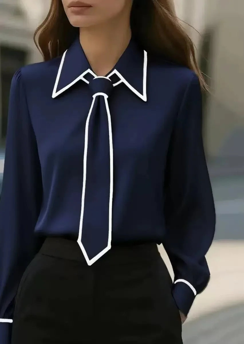 Women's Tie Neck Contrast Collar Blouse