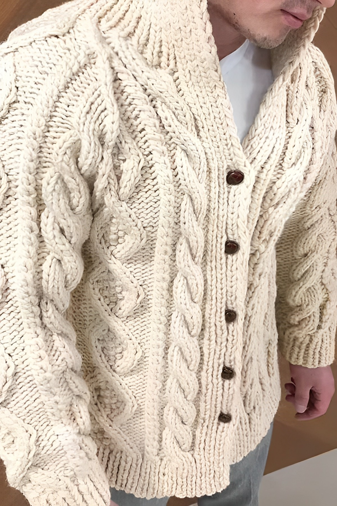 Cable Knit Cardigan with Open Front and Batwing Sleeves for Men