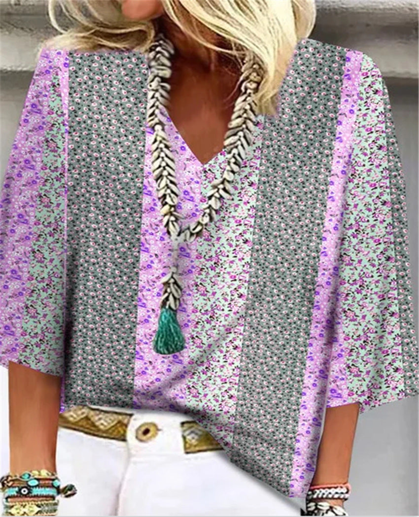 Women's Floral Patchwork V-Neck Top
