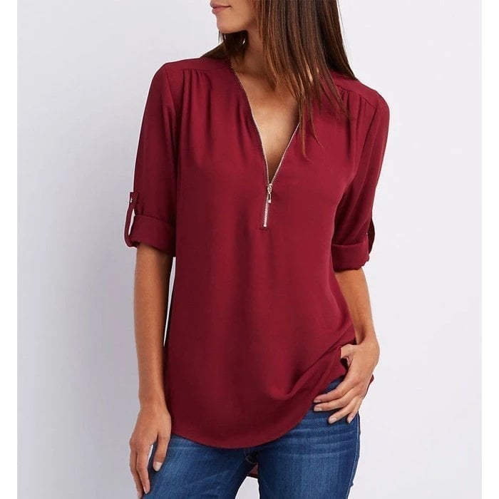 Women's Zip-Up V-Neck Casual Blouse Top