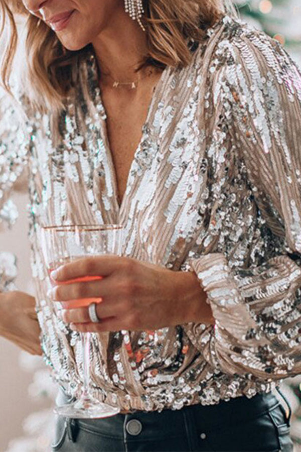 Women's Sequin Blouse | V-Neck Balloon Sleeves-3