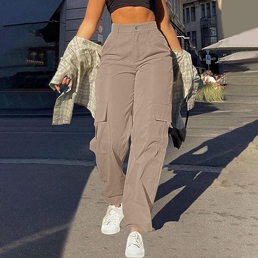 Relaxed Fit High Waist Cargo Trousers with Utility Pockets for Women
