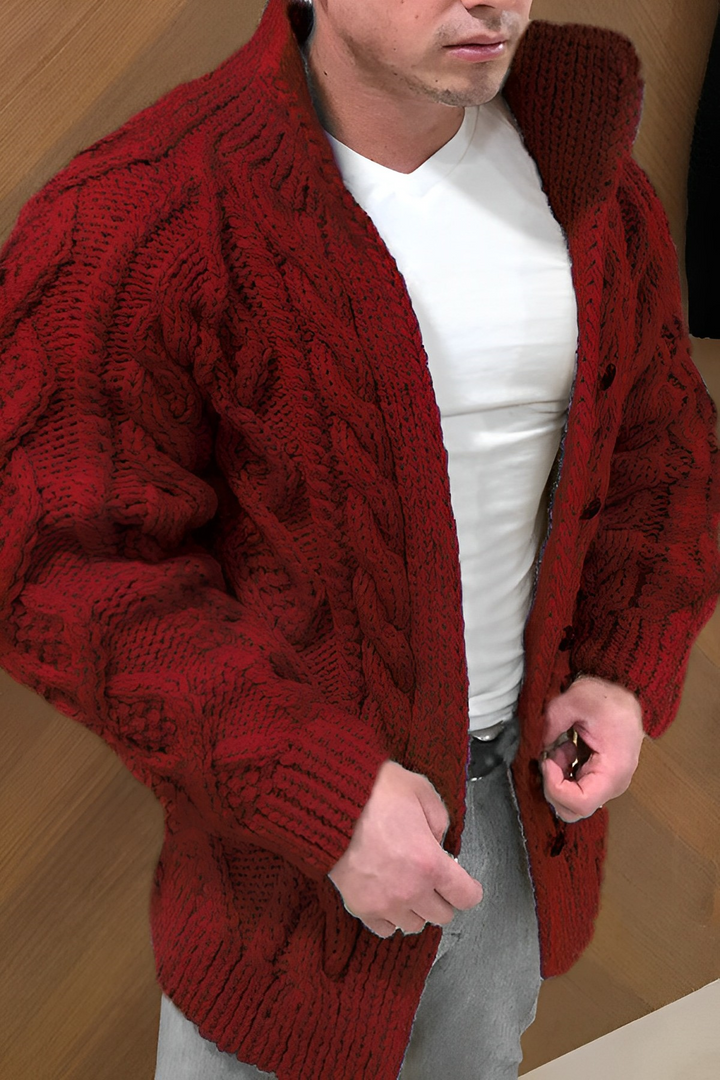 Cable Knit Cardigan with Open Front and Batwing Sleeves for Men