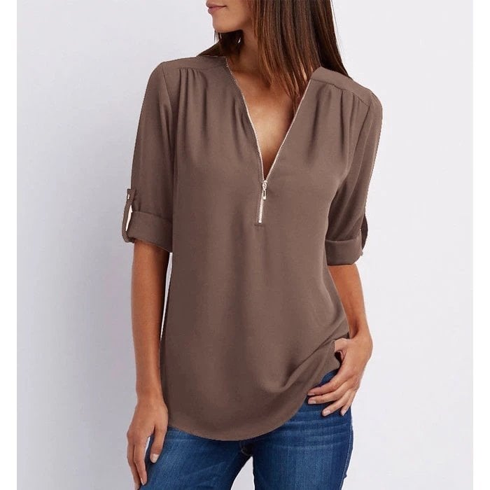 Women's Zip-Up V-Neck Casual Blouse Top