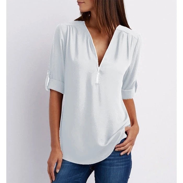 Women's Zip-Up V-Neck Casual Blouse Top
