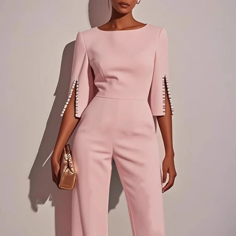 Amara | Women's Wide Leg Jumpsuit Pearl Trim Boat Neck