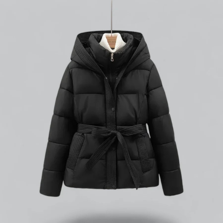 Short Puffer Jacket with Belted Waist and Hood for Women