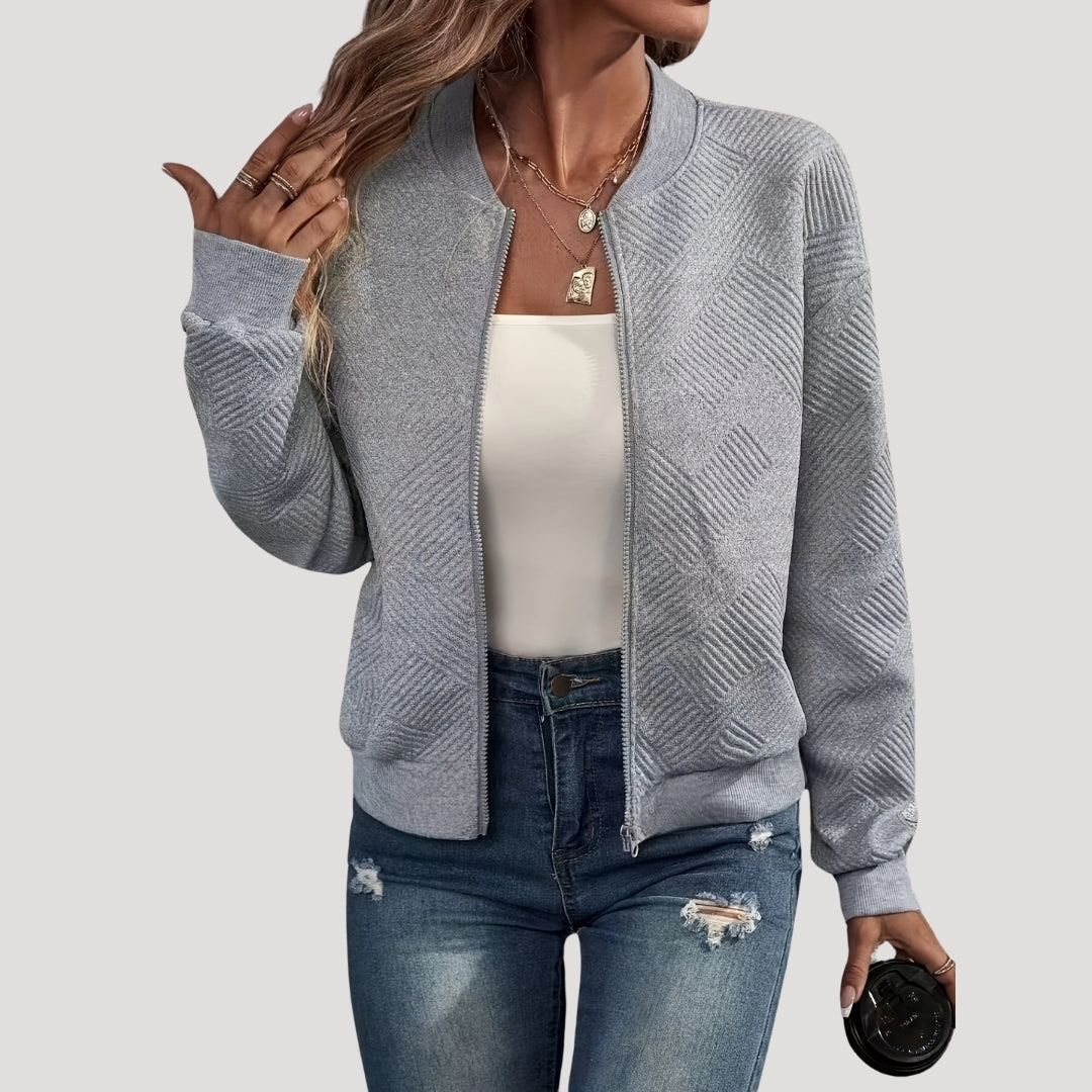 Lightweight Bomber Jacket with Textured Zip Front for Women
