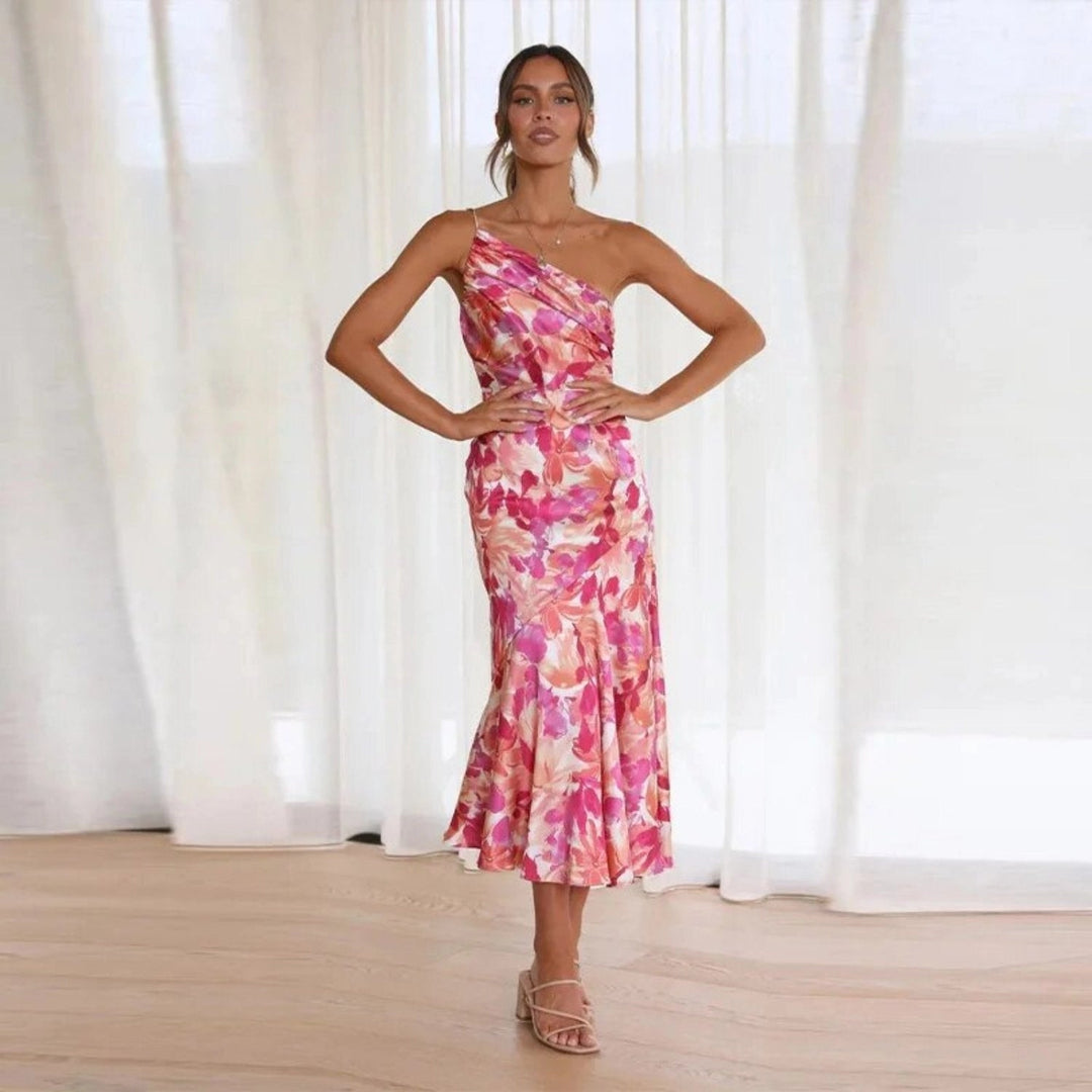Women's Asymmetric Floral Wedding Midi Dress