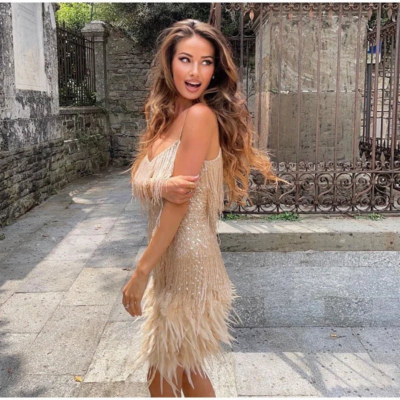 Skye | Party Mini Dress Sequin Feather Trim
