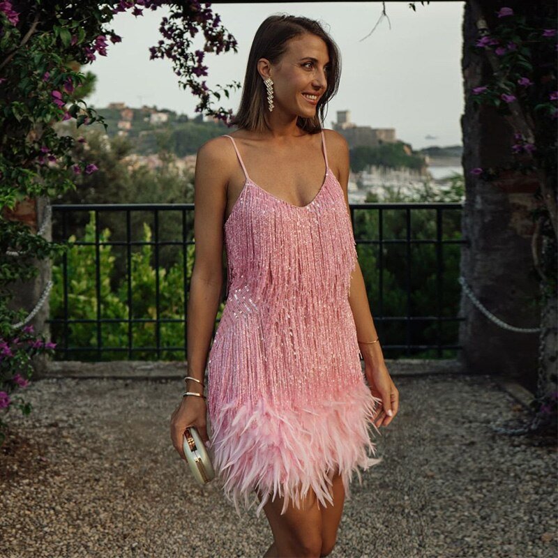 Skye | Party Mini Dress Sequin Feather Trim