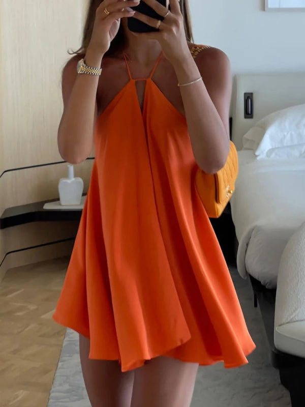 Women’s Deep V-Neck Backless A-Line Mini Dress | Orange Summer Dress