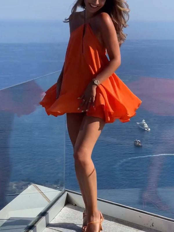 Women’s Deep V-Neck Backless A-Line Mini Dress | Orange Summer Dress
