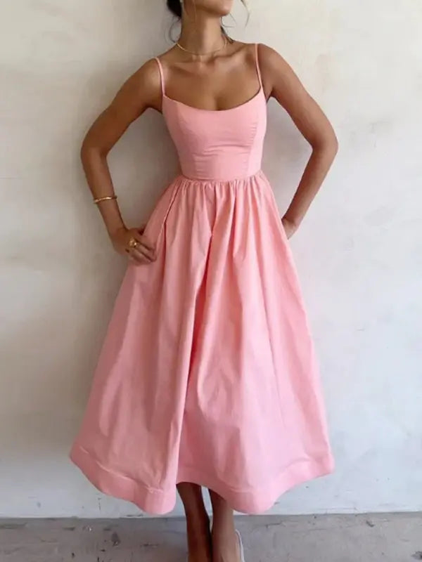 Women’s Pleated Midi Dress | U-Neck Summer Dress