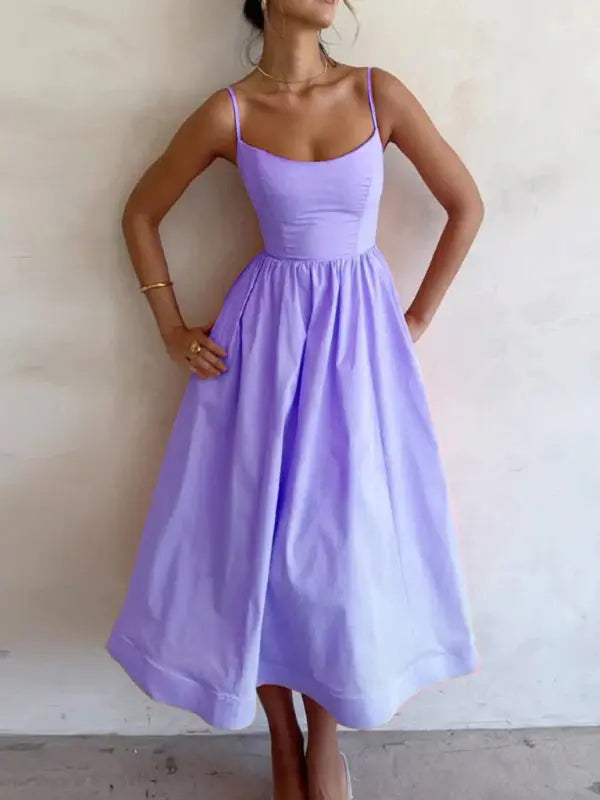 Women’s Pleated Midi Dress | U-Neck Summer Dress
