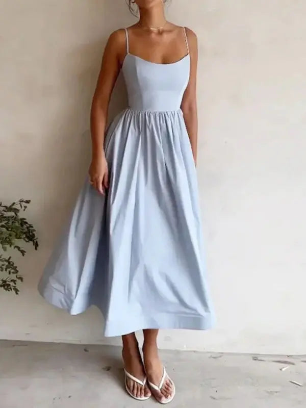 Women’s Pleated Midi Dress | U-Neck Summer Dress