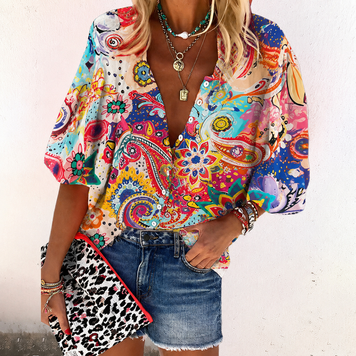 Women's Boho Print V-Neck Button Down Blouse