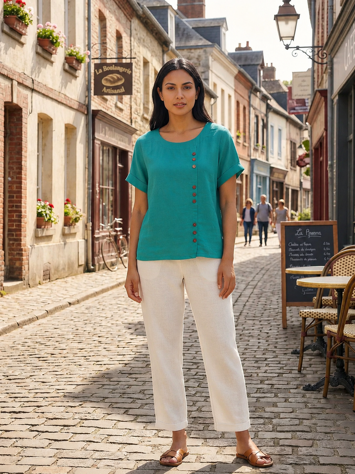 Women's Scoop Neck Button Detail Top