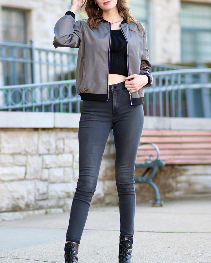 Classic Bomber Jacket with Pocket Detail for Women