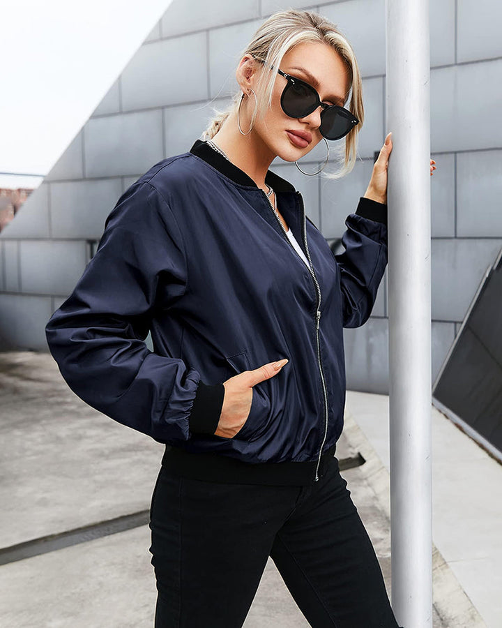 Classic Bomber Jacket with Pocket Detail for Women