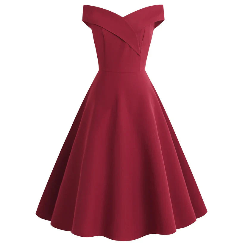 Women’s Off-Shoulder A-Line Dress | Midi Vintage Style