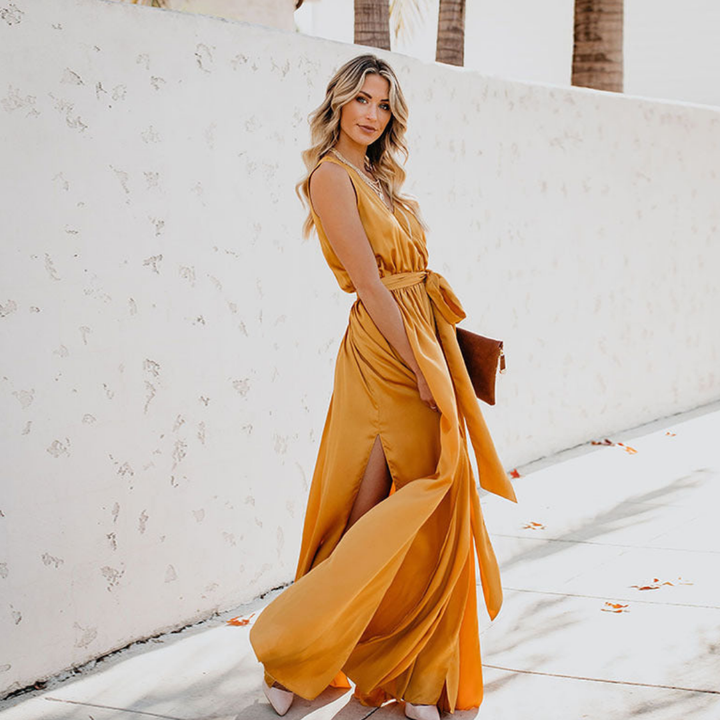 Women’s Maxi Dress with Side Slit and Waist Tie | Elegant
