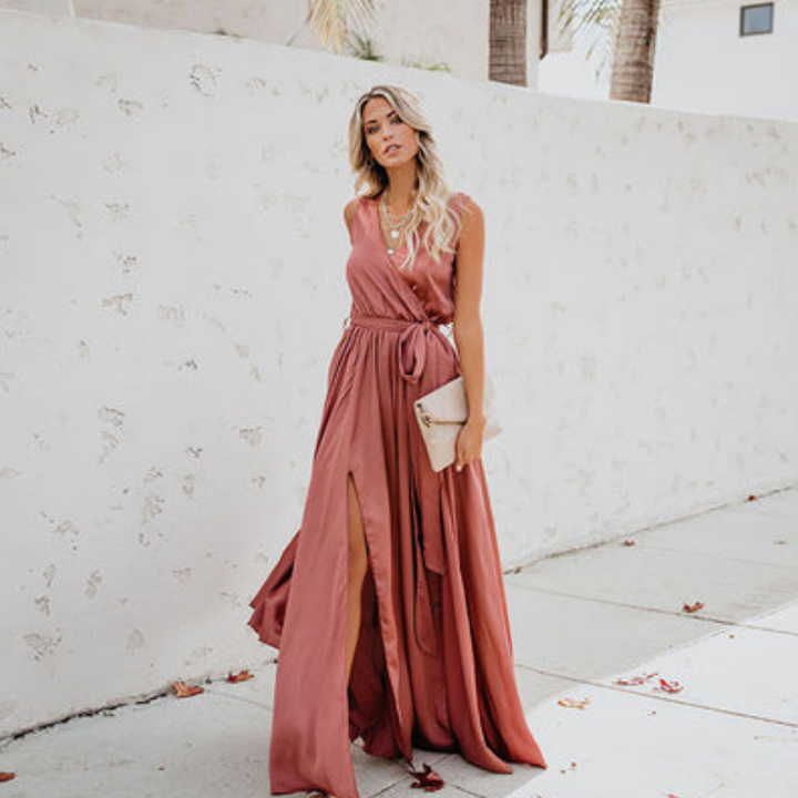 Women’s Maxi Dress with Side Slit and Waist Tie | Elegant