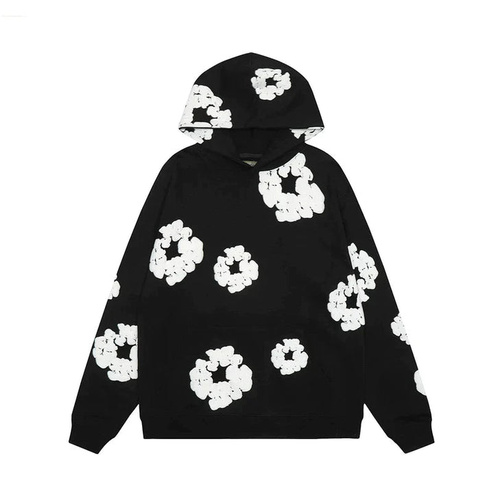 Declan | Denim hoodie with floral print and hood 0