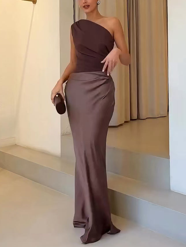Women's One-Shoulder Pleated Party Maxi Dress
