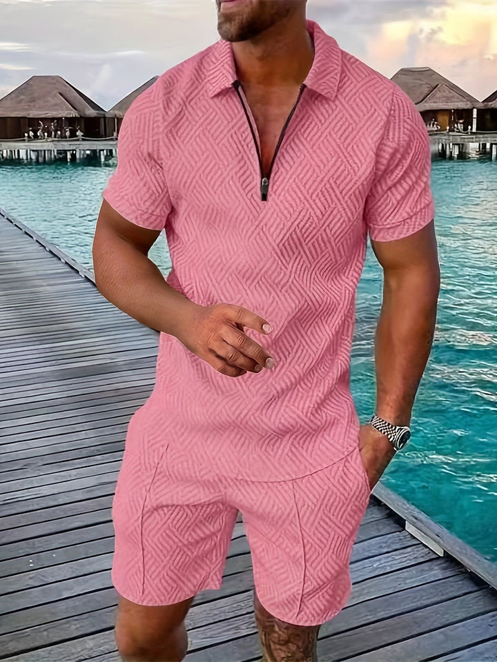 Geometric zip-up short set for men 3