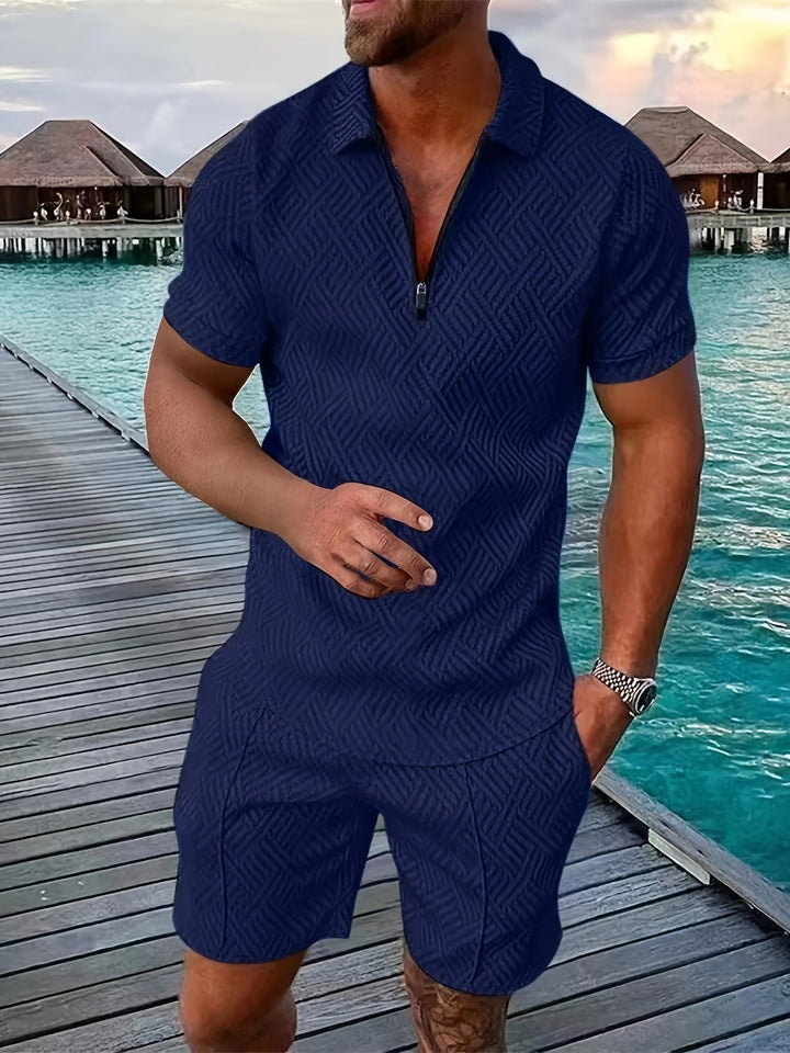 Geometric zip-up short set for men 4