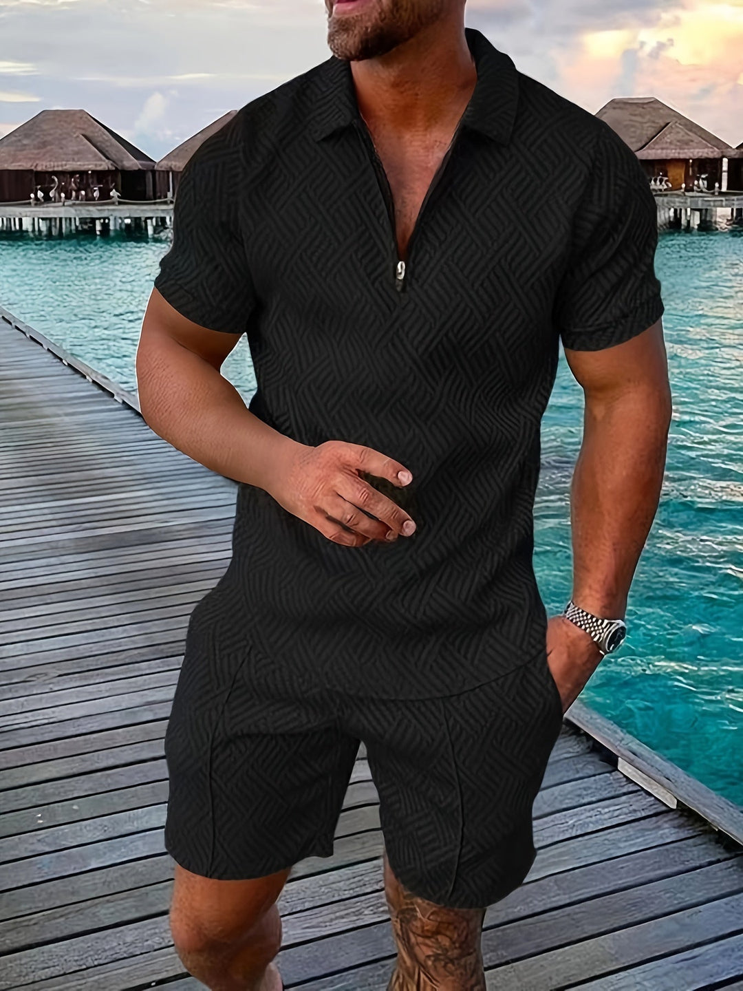 Geometric zip-up short set for men 6