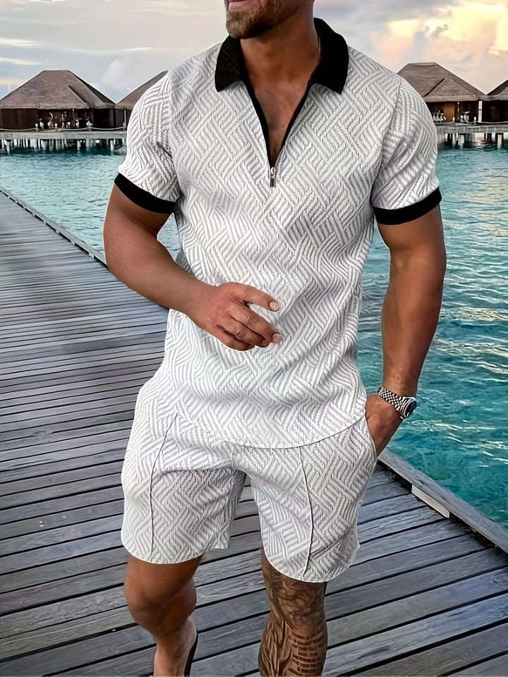 Geometric zip-up short set for men 7
