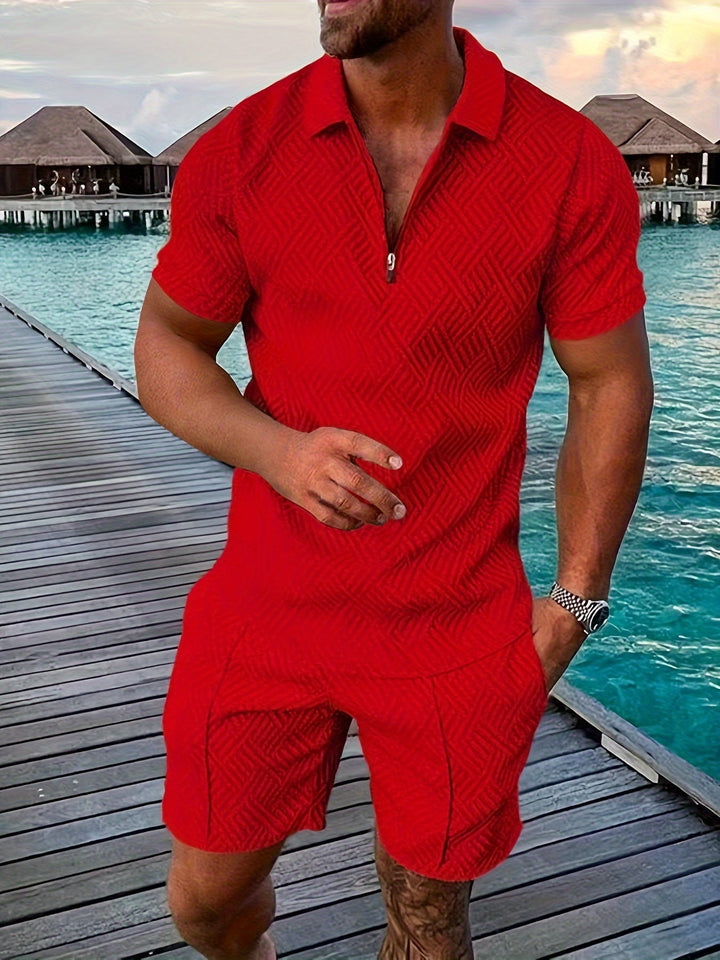 Geometric zip-up short set for men 8