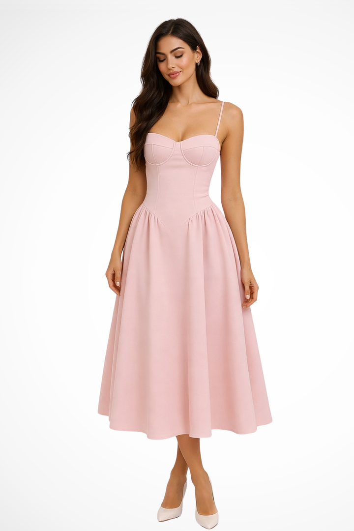 Evie | Wedding Guest Midi Dress Corset Bodice A Line