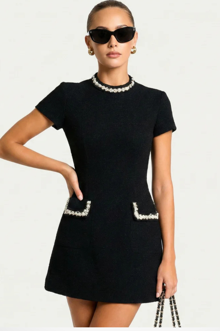 Poppy | Women's Mini Dress Pearl Trim Pocket Detail