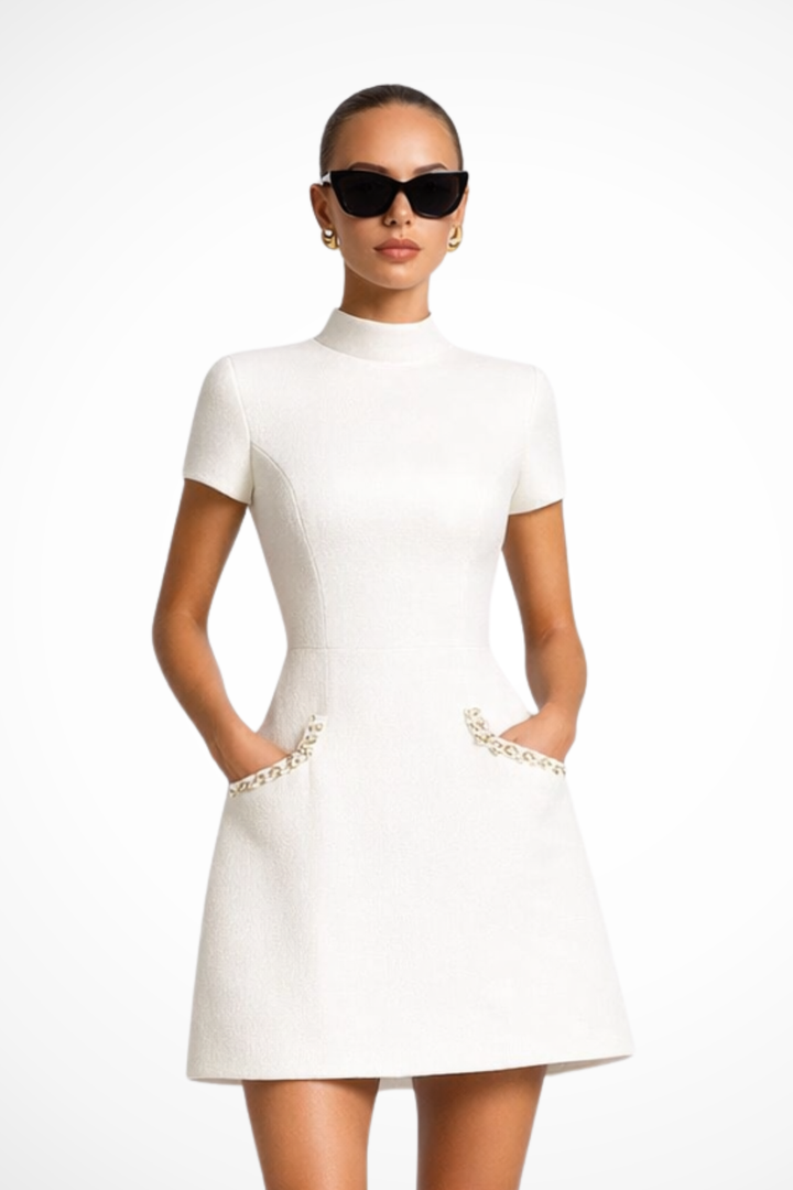 Poppy | Women's Mini Dress Pearl Trim Pocket Detail