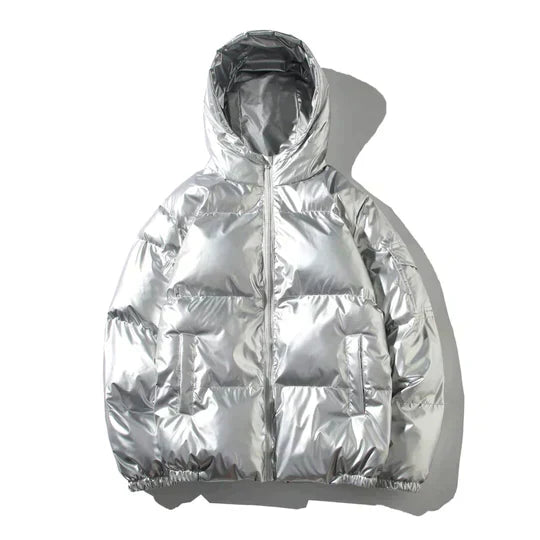 Metallic Style Winter Puffer Jacket with Hooded Design for Men