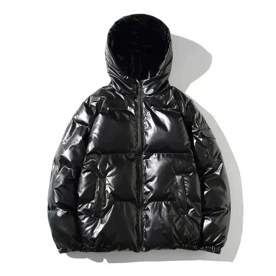 Metallic Style Winter Puffer Jacket with Hooded Design for Men