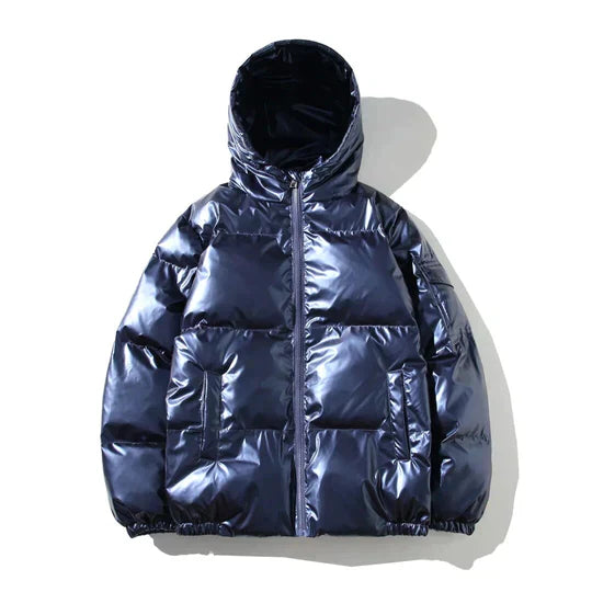 Metallic Style Winter Puffer Jacket with Hooded Design for Men