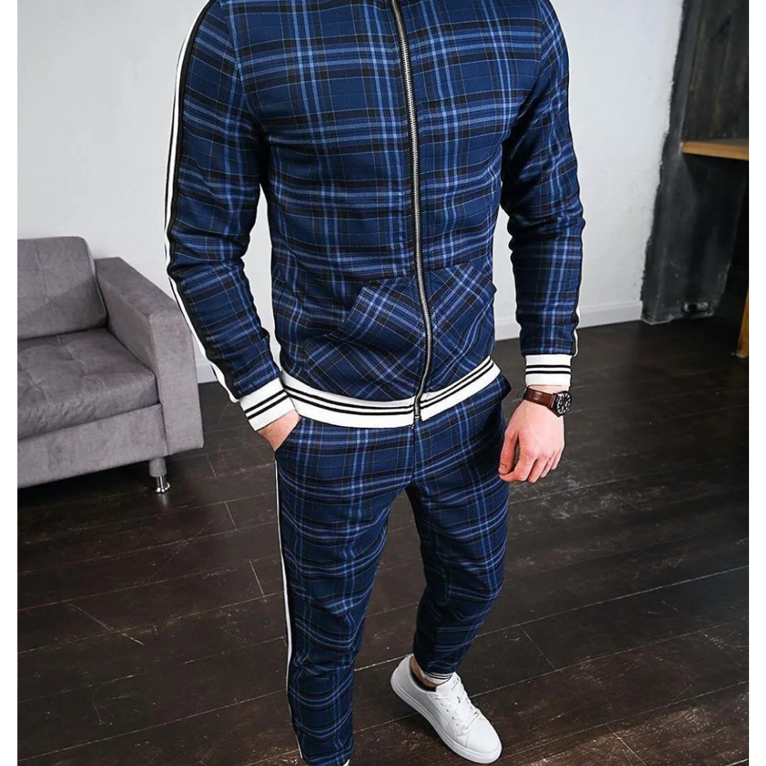 Men’s Checked Tracksuit with Zipper | Two Piece Set