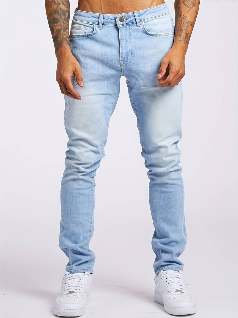 Mid Waist Slim Cut Jeans with Clean Style for Men