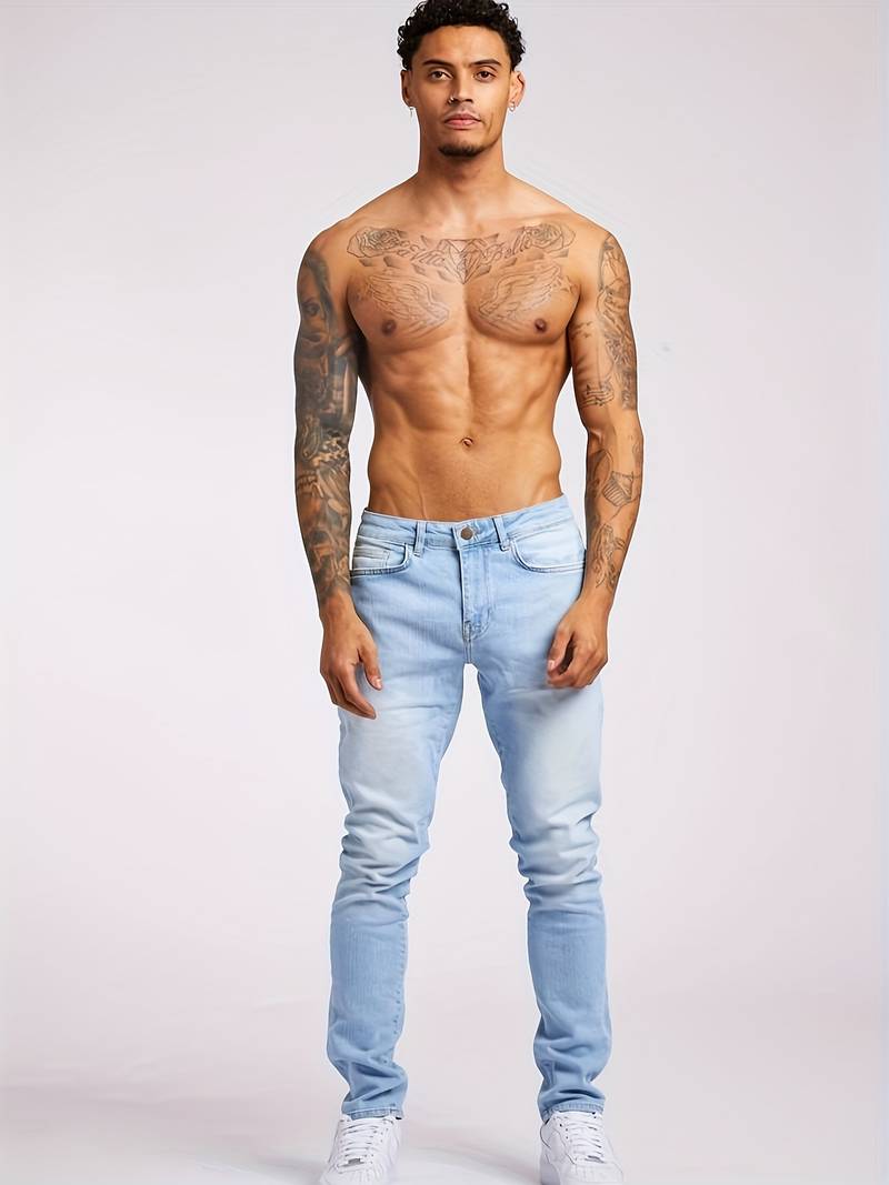 Mid Waist Slim Cut Jeans with Clean Style for Men