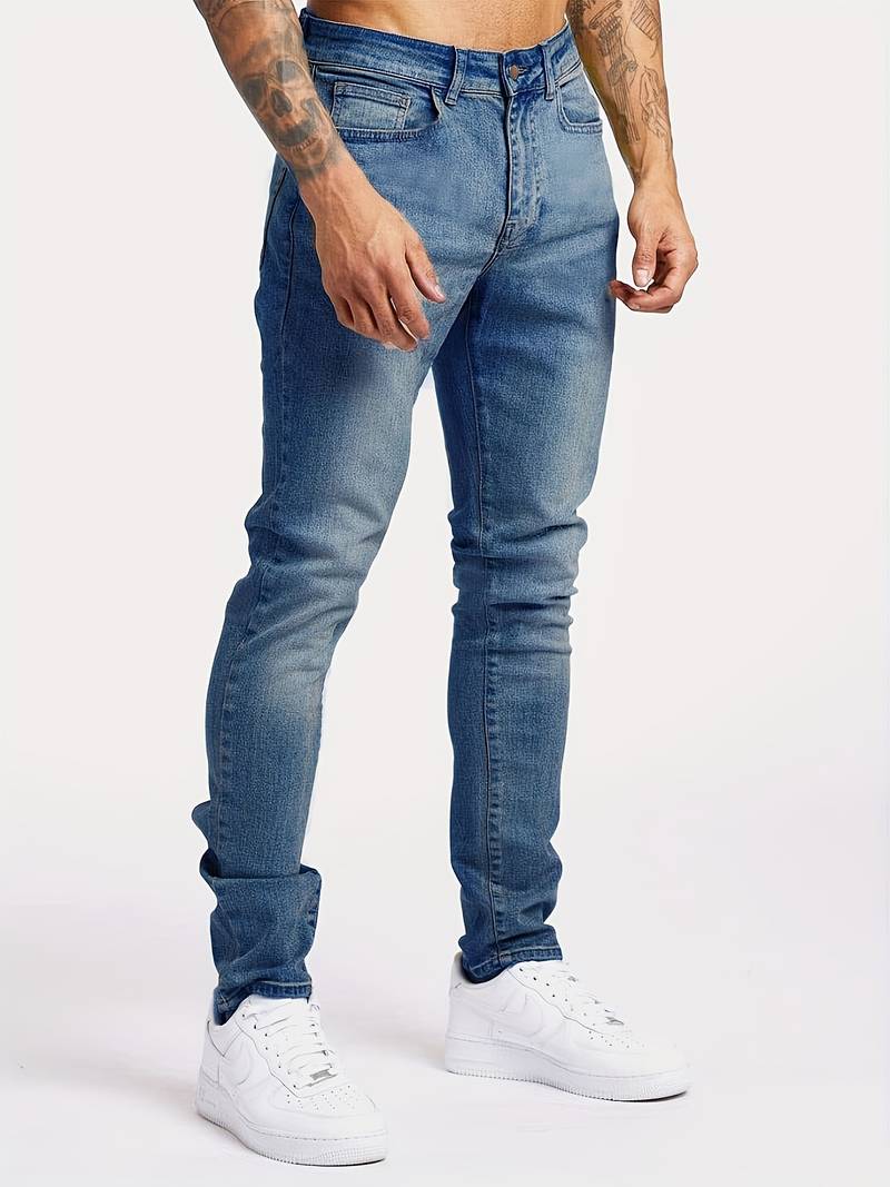 Mid Waist Slim Cut Jeans with Clean Style for Men