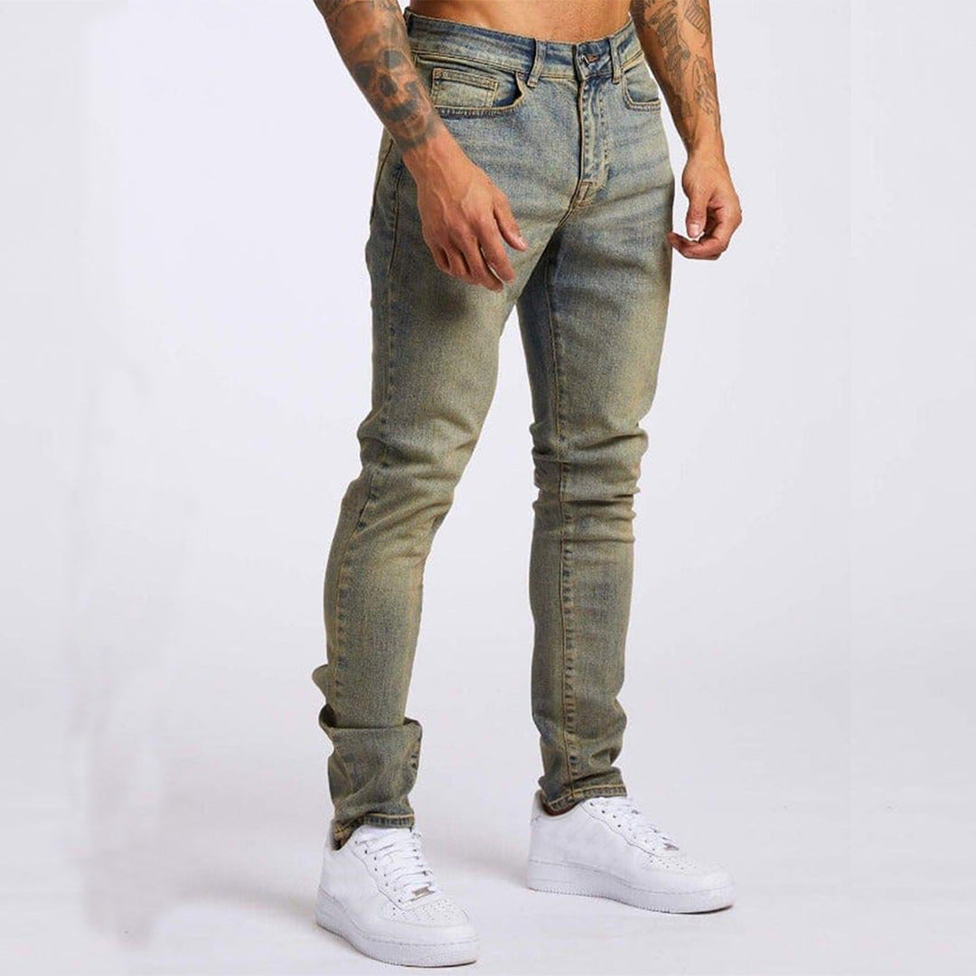 Mid Waist Slim Cut Jeans with Clean Style for Men