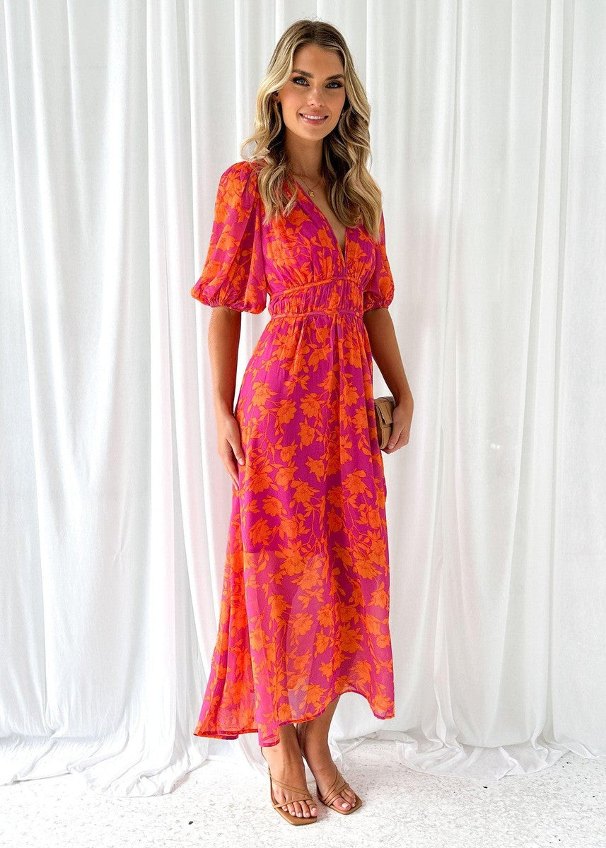Penny | Women's Floral Midi Dress V Neck Puff Sleeve