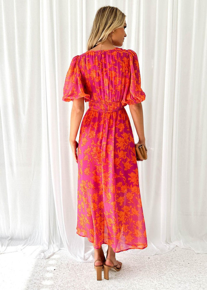 Penny | Women's Floral Midi Dress V Neck Puff Sleeve