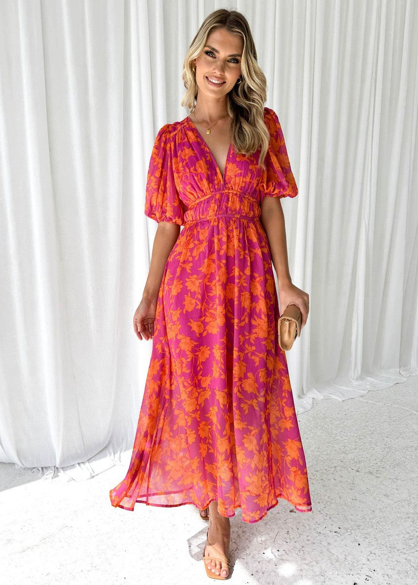 Penny | Women's Floral Midi Dress V Neck Puff Sleeve