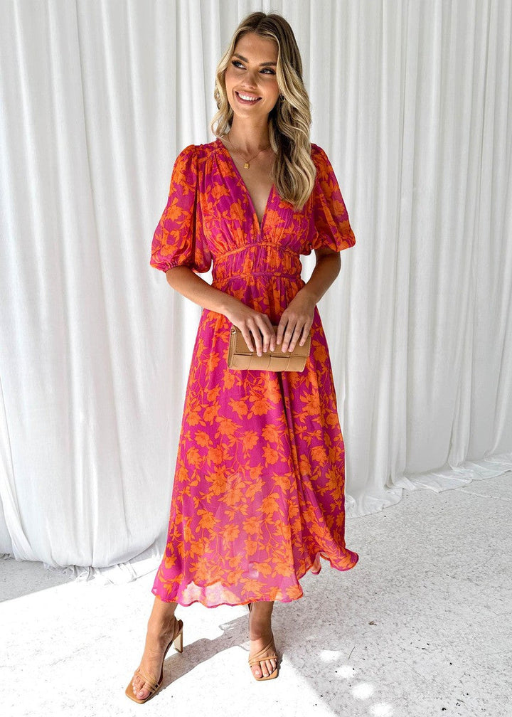 Penny | Women's Floral Midi Dress V Neck Puff Sleeve