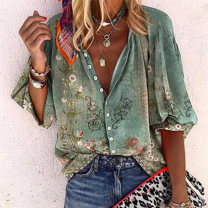 Women's Boho Print V-Neck Button Down Blouse